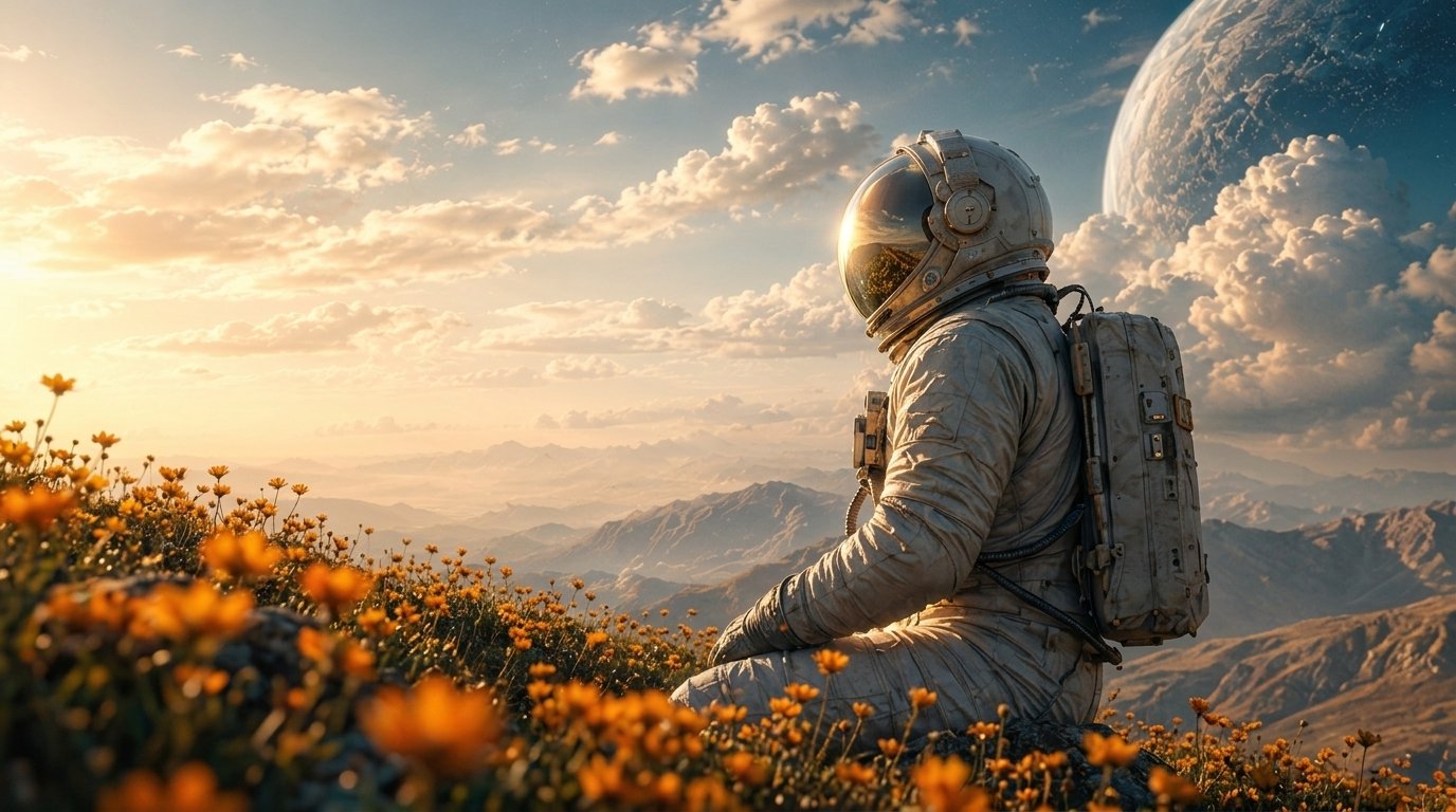 Astronauta contemplando um horizonte ao pôr do sol, simbolizando descoberta e método